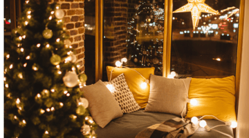 cozy holiday decor in living room at at night
