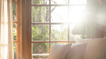 Sun shining through living room window on a warm spring day